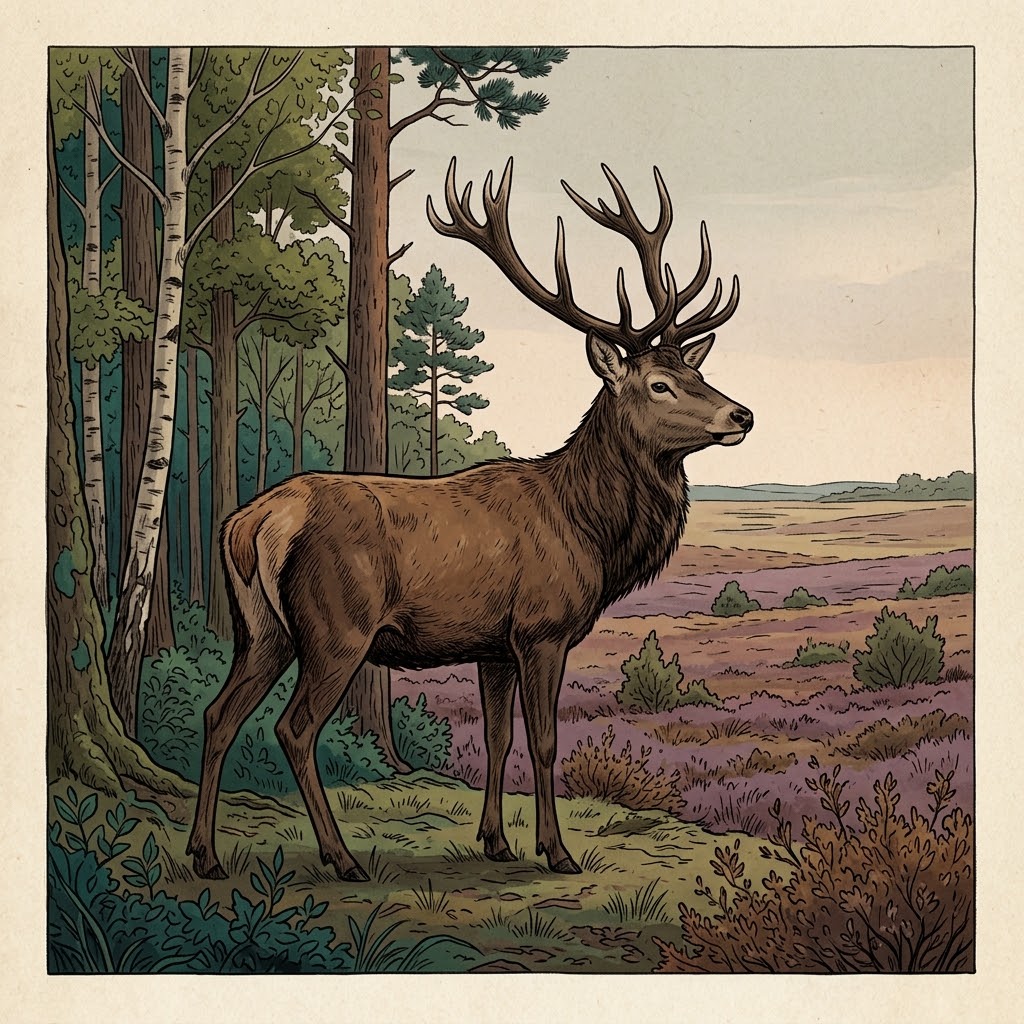 Getekende illustratie van een edelhert met groot gewei aan de bosrand, met bloeiende heide op de achtergrond
