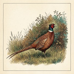 Getekende illustratie van een fazant in zijn natuurlijke leefgebied