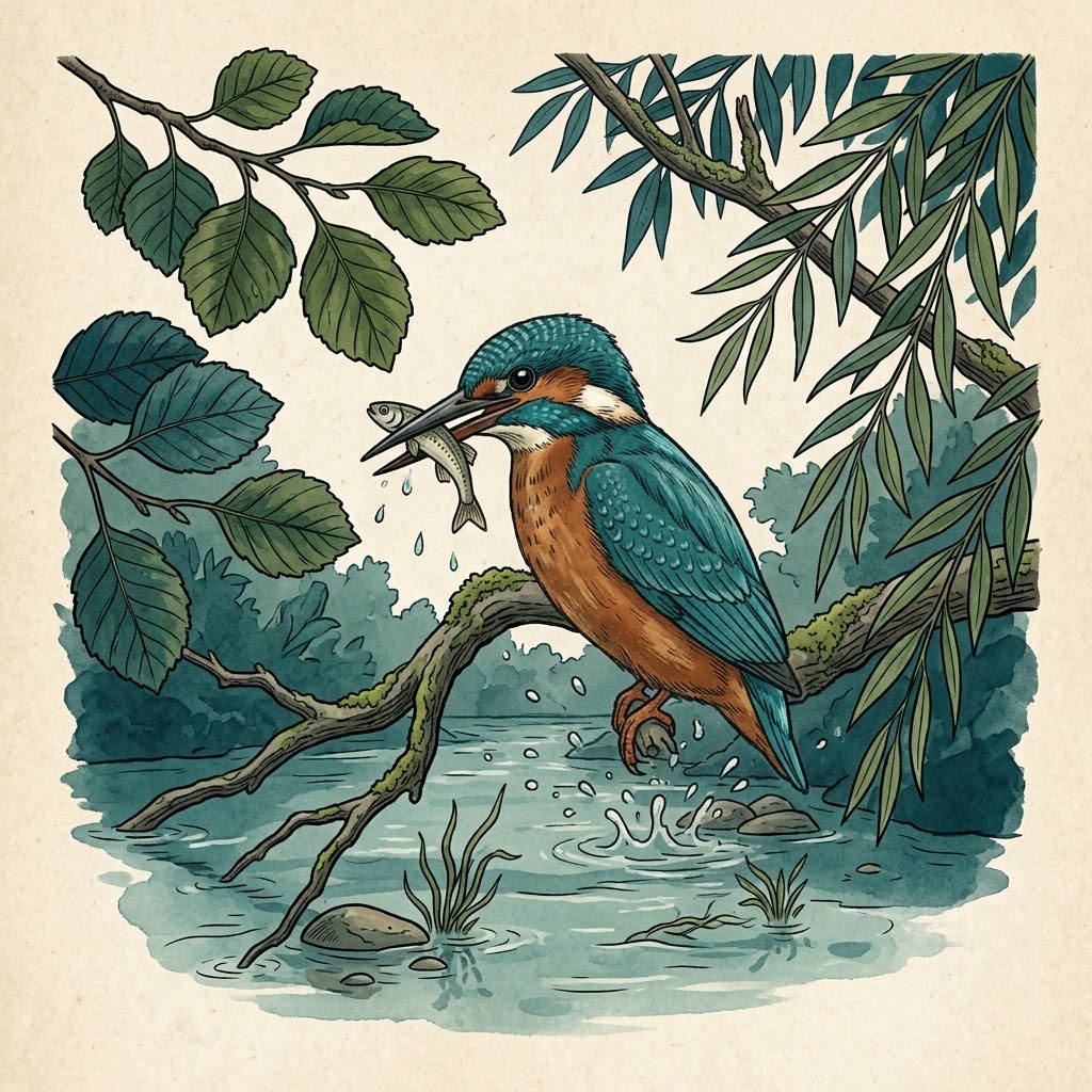 Getekende illustratie van een ijsvogel met een visje in de snavel, zittend op een tak boven een beek
