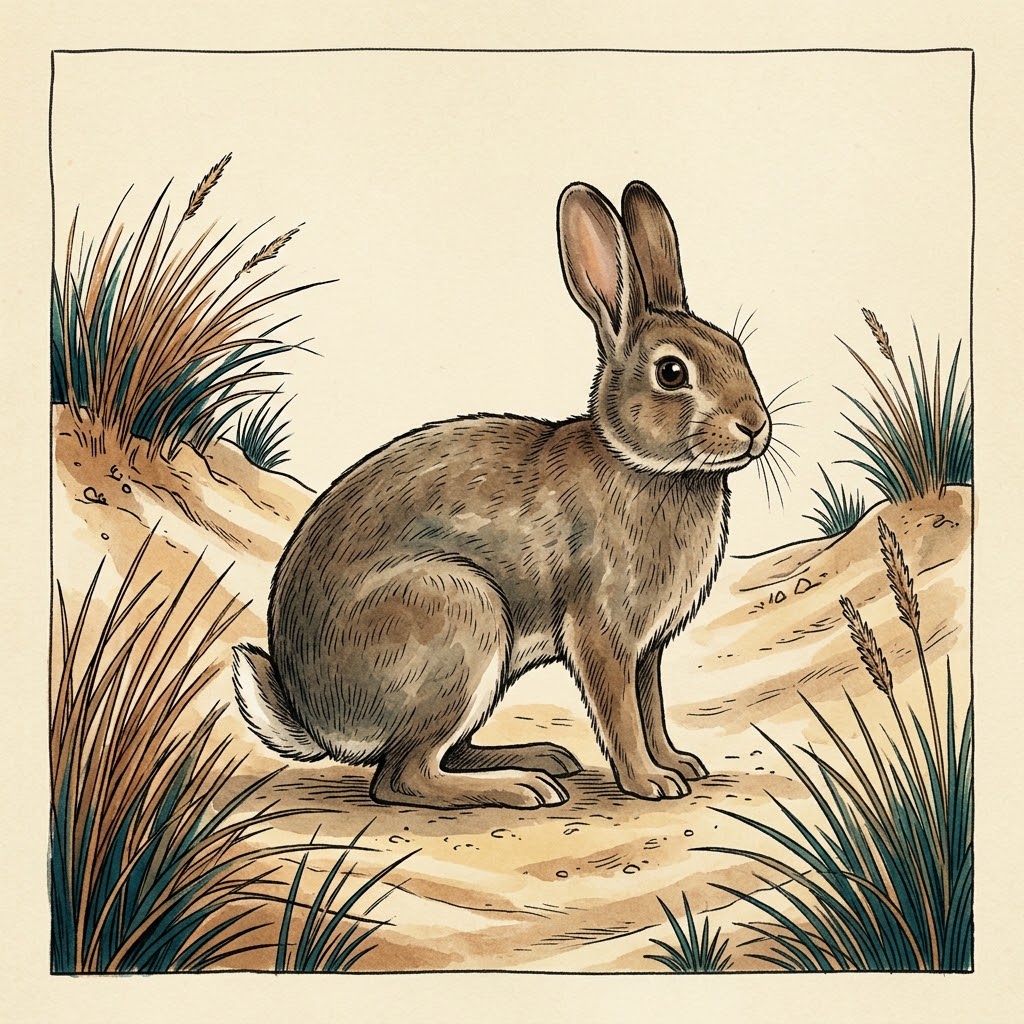 Getekende illustratie van een wild konijn in de duinen tussen helmgras