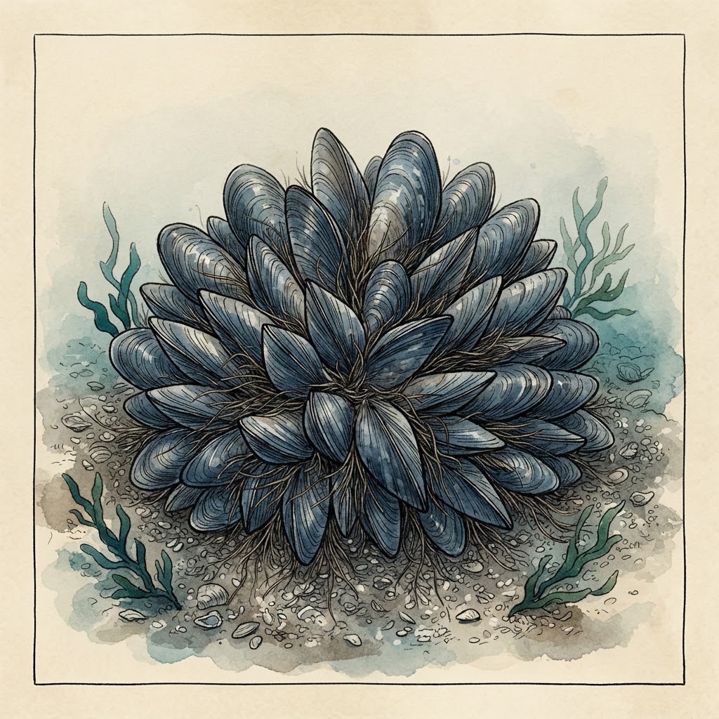 Getekende illustratie van een groep blauwzwarte mosselen op de zeebodem
