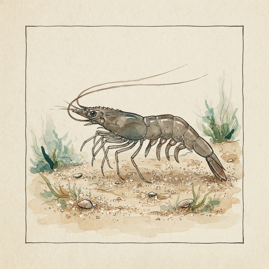 Getekende illustratie van een doorschijnende grijze Noordzeegarnaal op een zandbodem