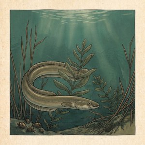 Getekende illustratie van een paling die tussen waterplanten en riet door ondiep zoet water zwemt