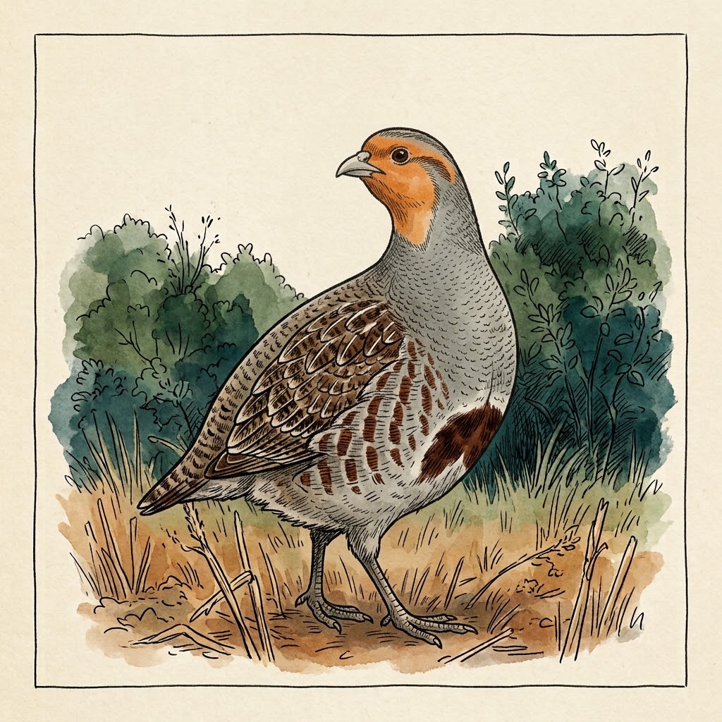 Getekende illustratie van een patrijs met oranje kop in een stoppelveld