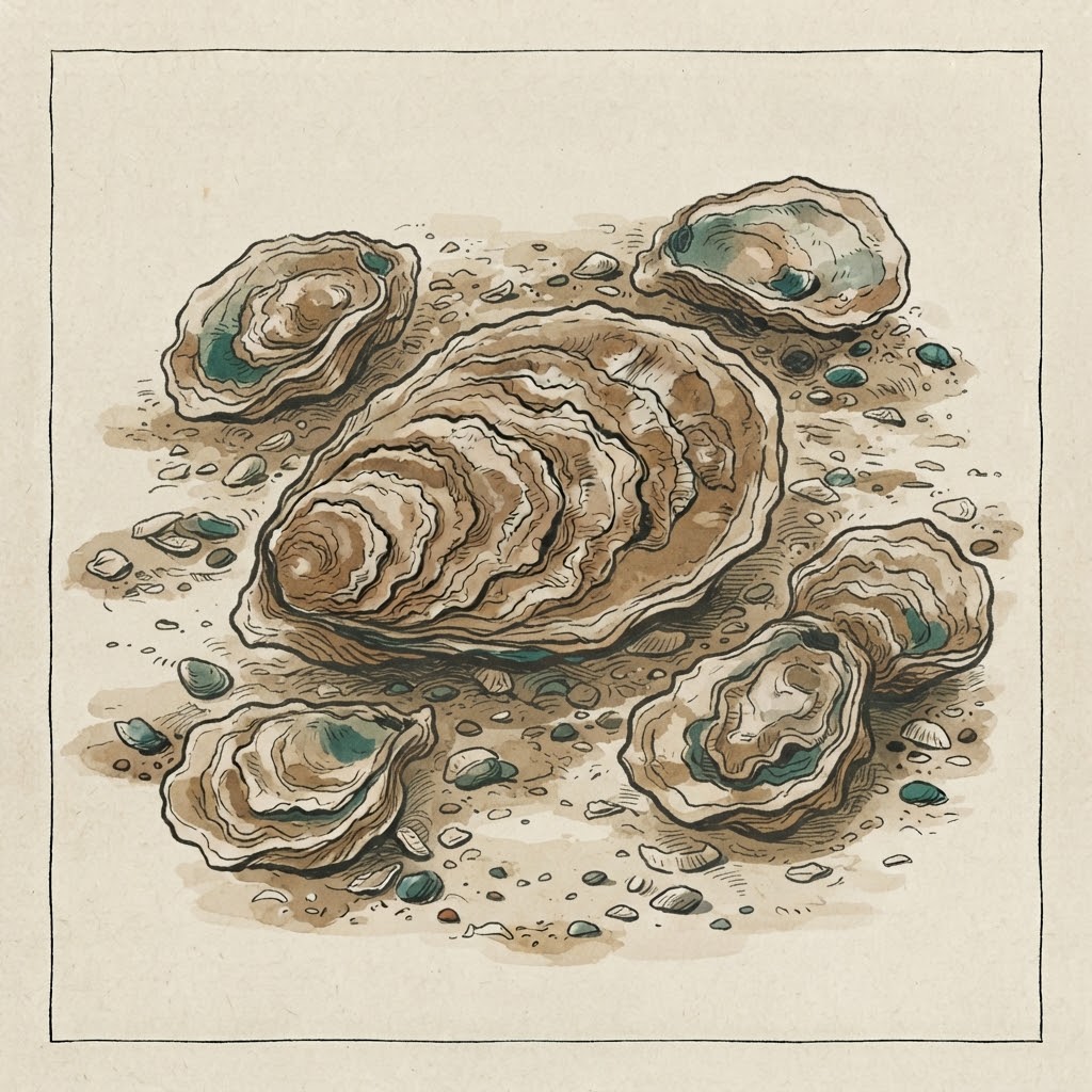Getekende illustratie van een ronde platte oester op de zeebodem van een Zeeuwse zeearm