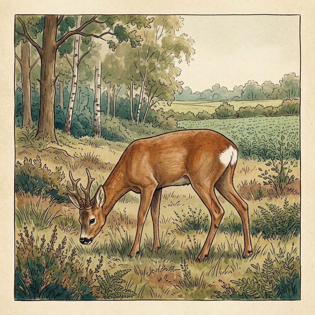 Getekende illustratie van een ree in zijn natuurlijke leefgebied