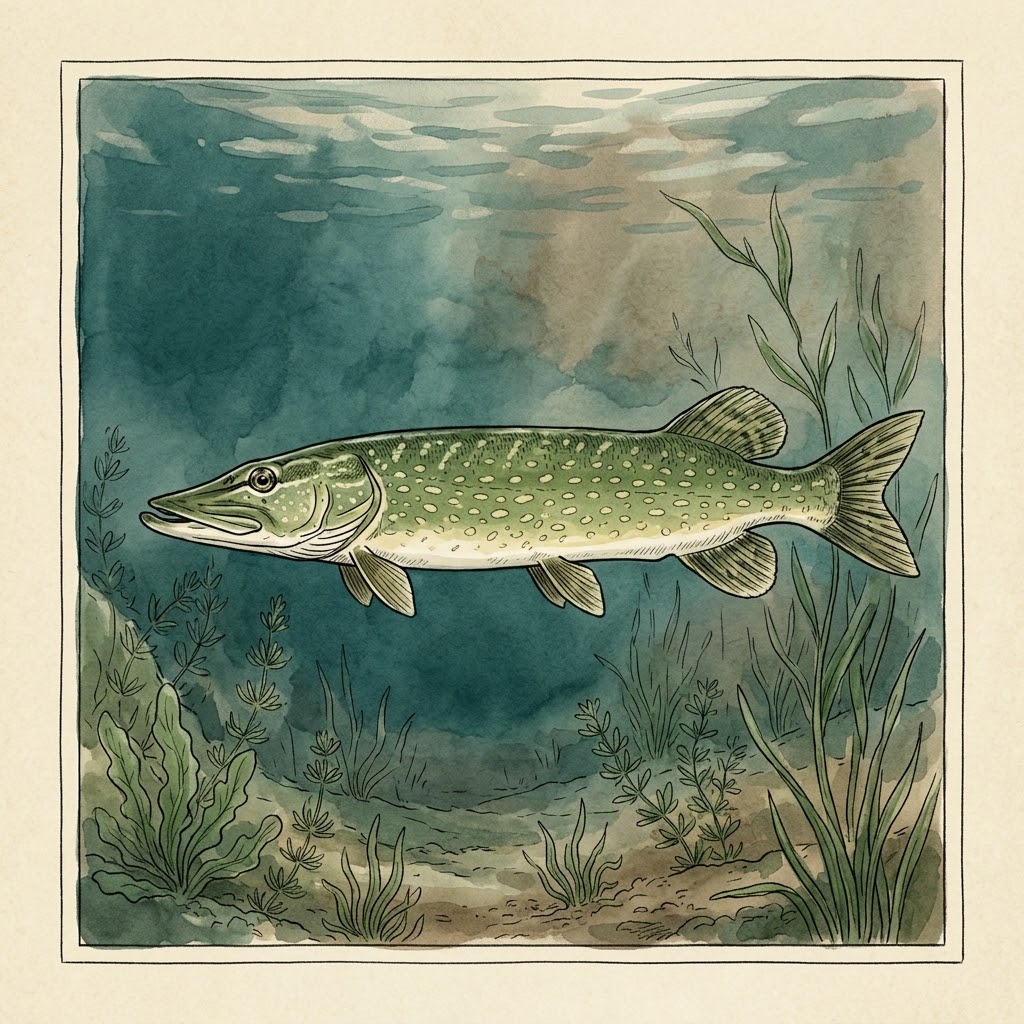 Getekende illustratie van een gevlekte snoek tussen waterplanten in helder water