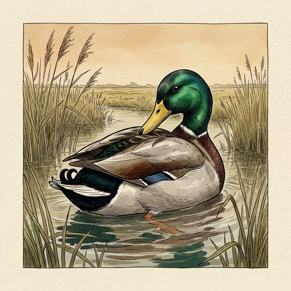 Getekende illustratie van een woerd van de wilde eend met groene kop en witte halsring in een rietrijke sloot