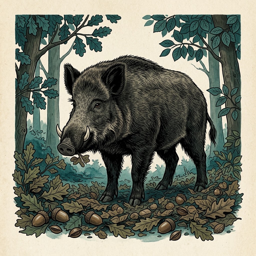 Getekende illustratie van een wild zwijn met slagtanden in een eikenbos, tussen gevallen bladeren en eikels