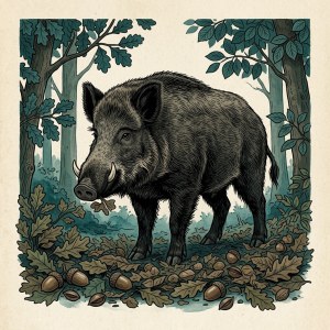 Getekende illustratie van een wild zwijn met slagtanden in een eikenbos, tussen gevallen bladeren en eikels