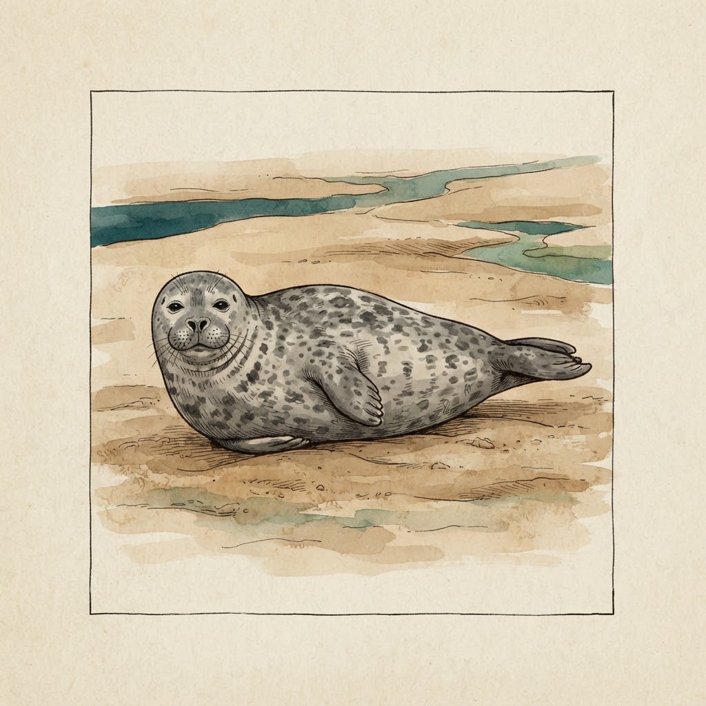 Getekende illustratie van een gewone zeehond die rust op een zandplaat in de Waddenzee