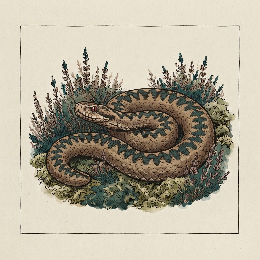 Illustratie van een adder met donkere zigzagband, zonnend tussen heide en veenmos