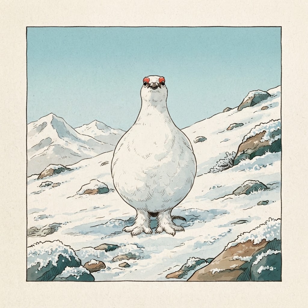Getekende illustratie van een alpensneeuwhoen tussen rotsen en sneeuw in het hooggebergte