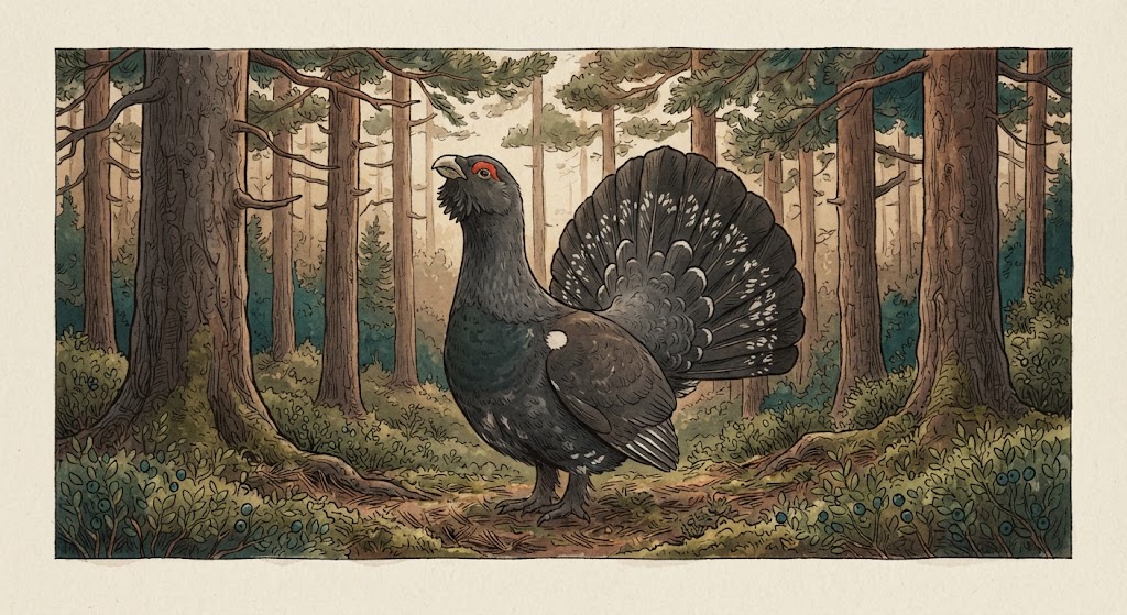 Illustration of a male capercaillie with fanned tail and red eyebrow