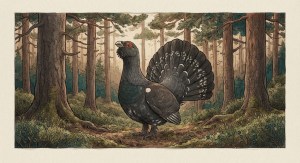 Getekende illustratie van een auerhoen
