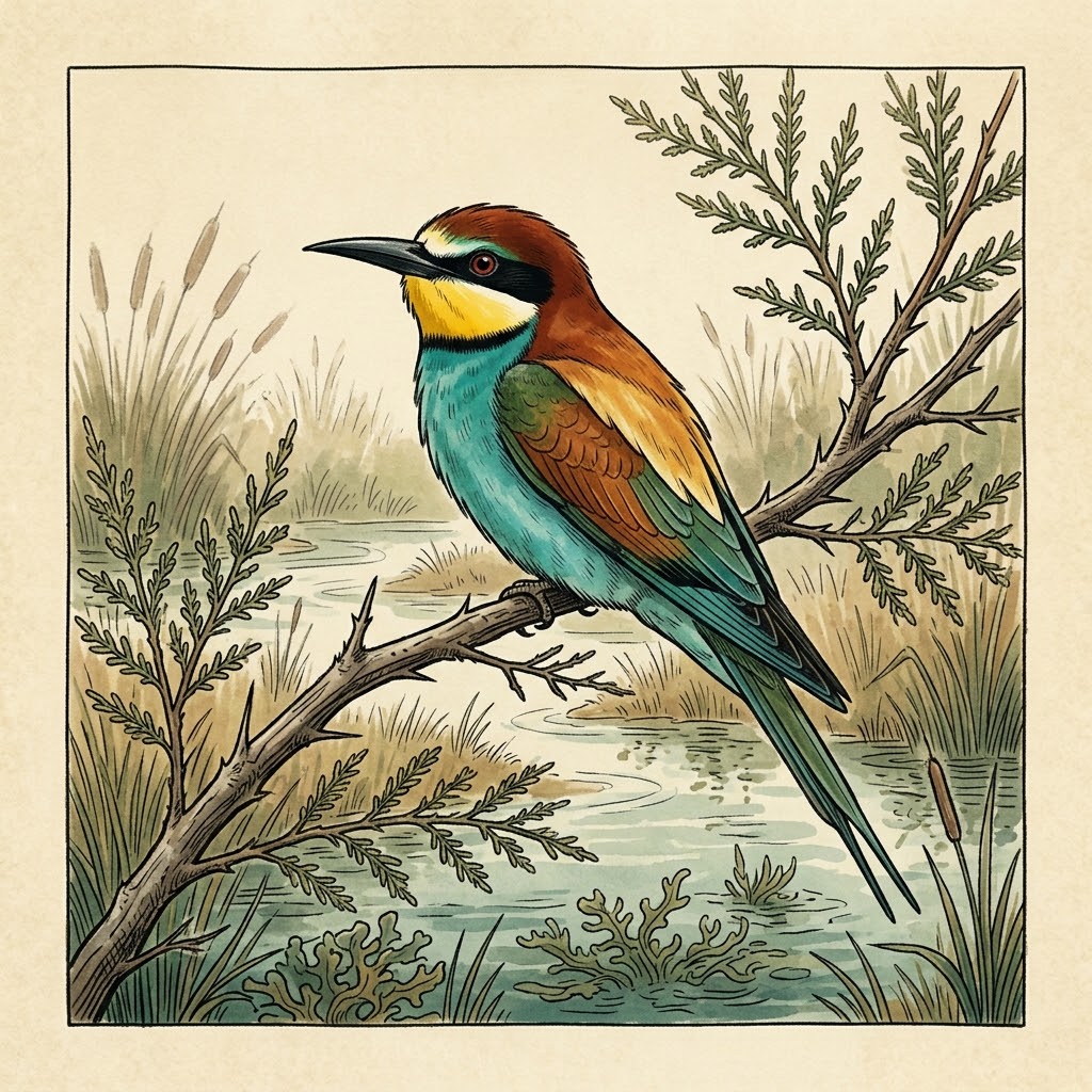 Getekende illustratie: bijeneter op een tamariskentak in de Camargue