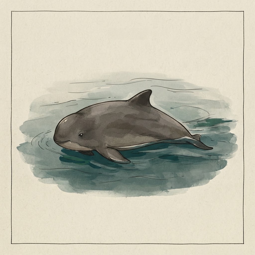 Illustration of a harbour porpoise with a triangular dorsal fin above the waves