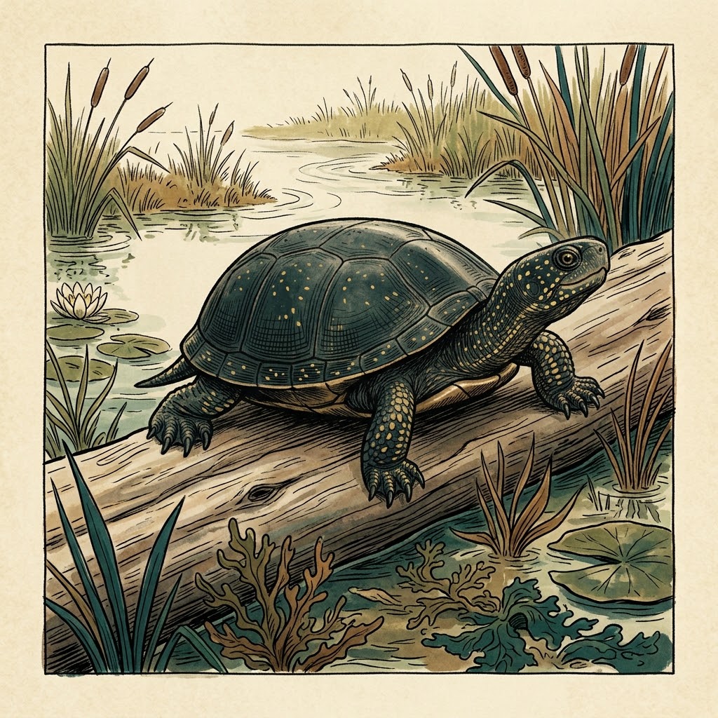 Getekende illustratie: Europese moerasschildpad op een boomstam in een moeras in de Camargue
