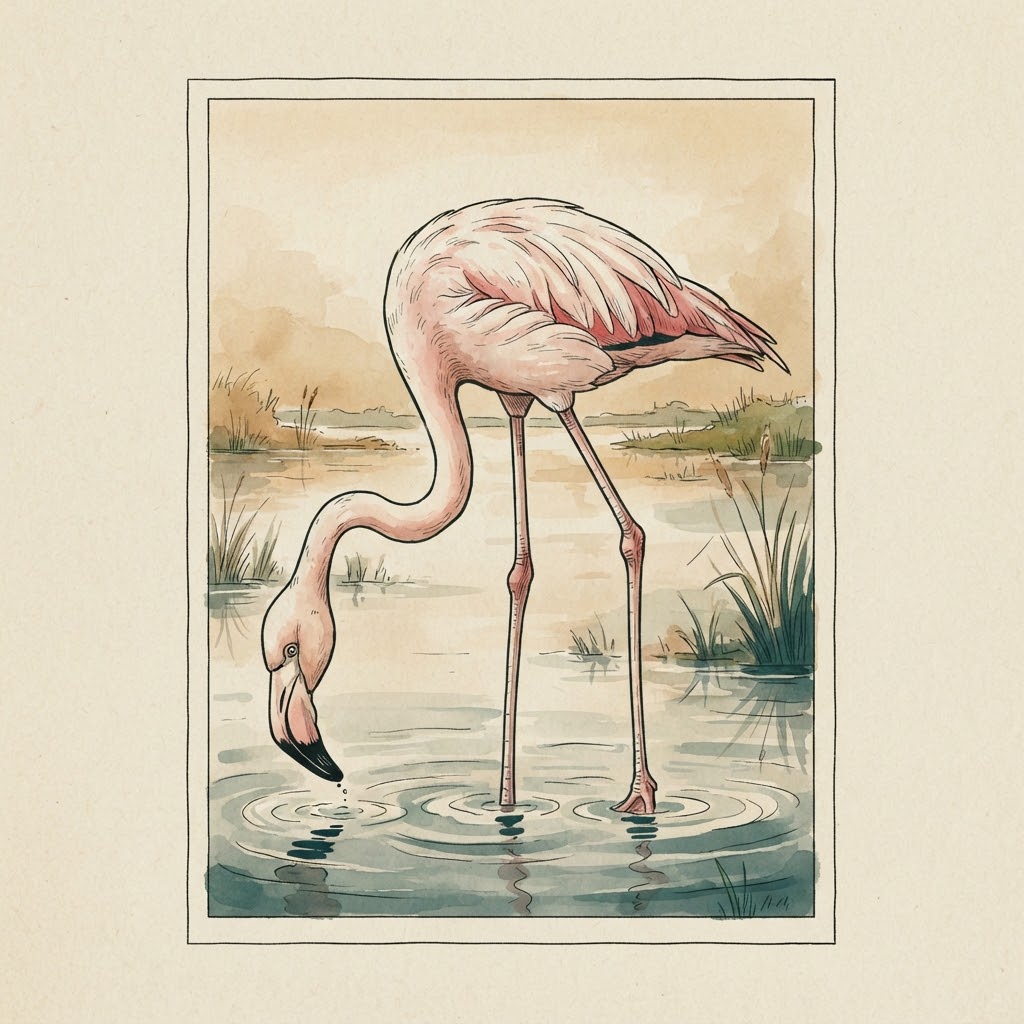 Getekende illustratie van een roze flamingo die in een ondiepe lagune in de Camargue staat