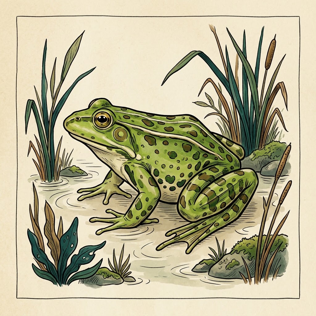 Getekende illustratie: groene kikker aan een vijverrand met riet