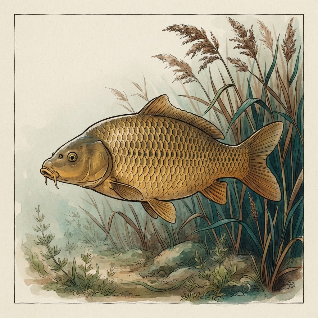 Getekende illustratie van een karper met grote goudkleurige schubben tussen waterplanten