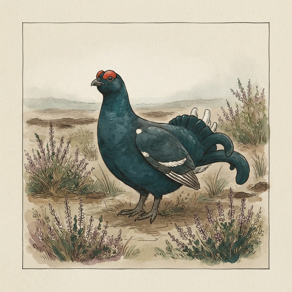 Illustratie van een zwarte korhaan met liervormige staart en rode wenkbrauwen op de heide