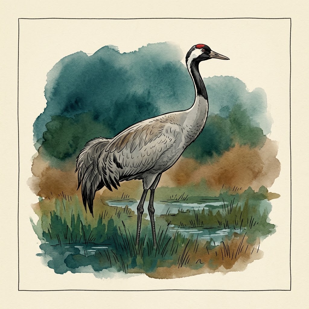 Getekende illustratie van een kraanvogel met zwart-witte kop en rode kruin in een nat grasland