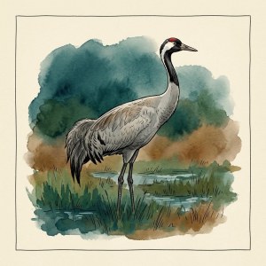 Getekende illustratie van een kraanvogel