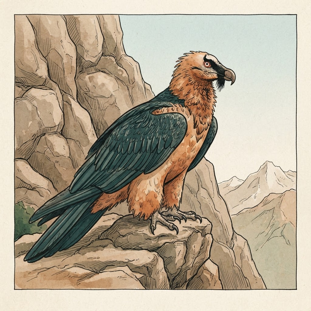Illustration of a bearded vulture with an orange breast and black 'beard' gliding past an Alpine rock face