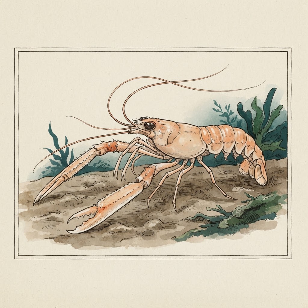 Illustration of an orange-pink langoustine with long, slender claws at the entrance to its burrow
