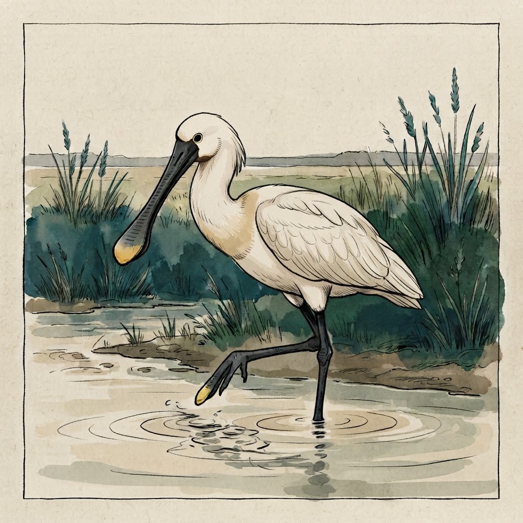 Illustratie van een witte lepelaar met lepelvormige snavel in ondiep water