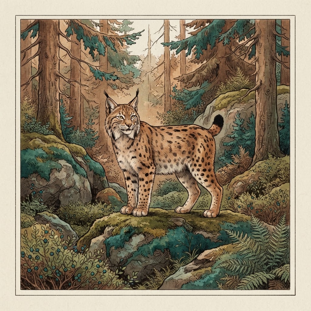 Getekende illustratie van een lynx met oorpluimen en gevlekte vacht tussen de bomen