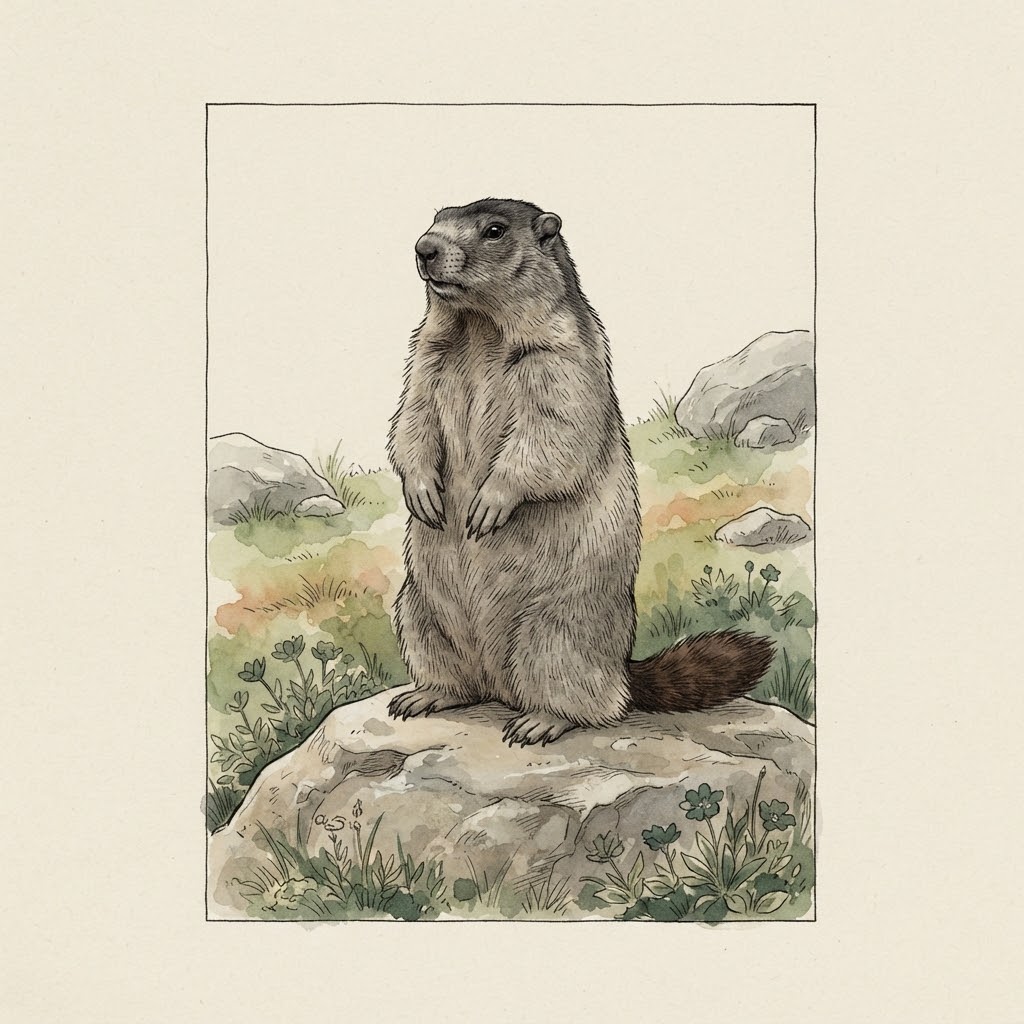 Illustration of a marmot standing upright by its burrow on an alpine meadow