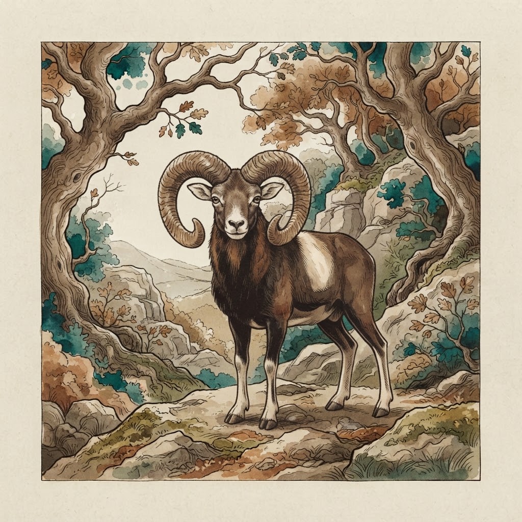 Getekende illustratie van een moeflonram met grote gekrulde hoorns op een rotsige helling