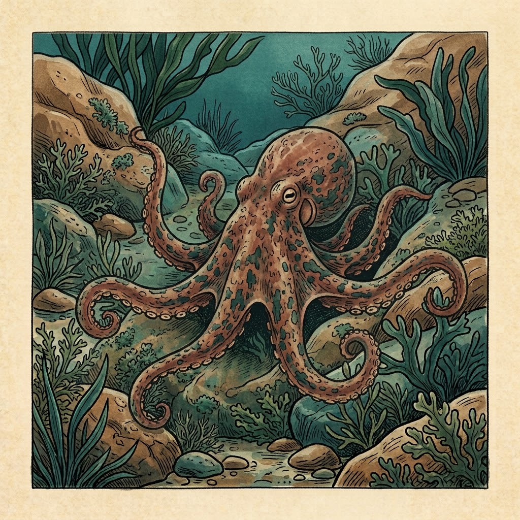 Getekende illustratie: octopus op een rotsige bodem in de Middellandse Zee