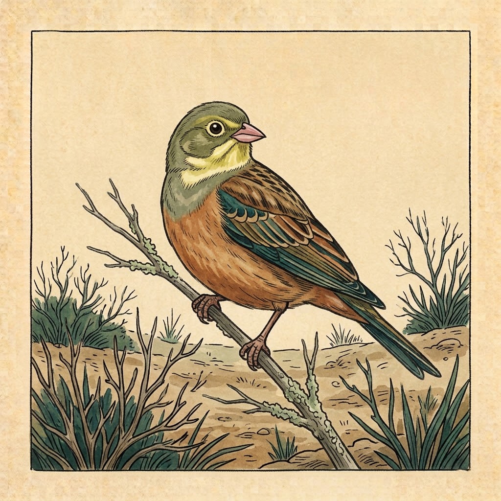 Getekende illustratie: ortolaan in droog boerenland met struiken in Zuid-Frankrijk