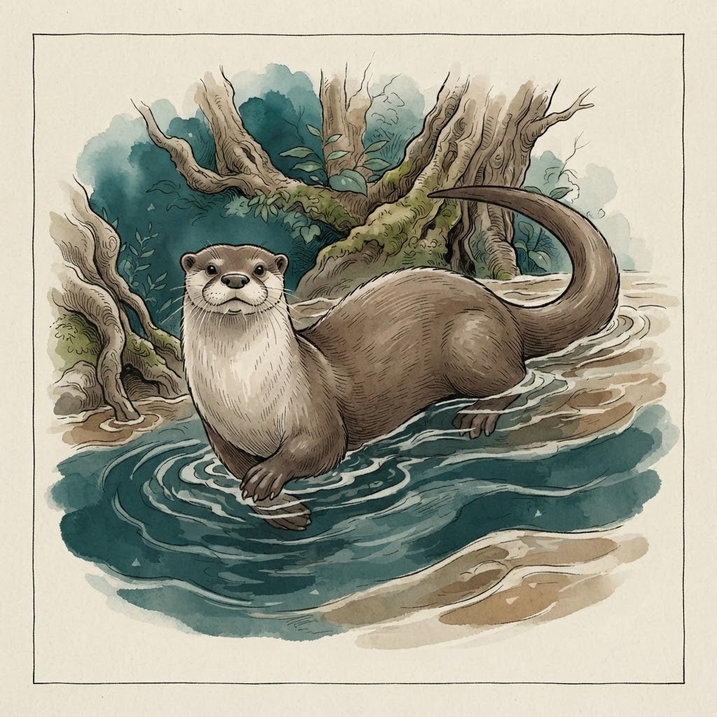 Getekende illustratie van een otter op een beboste rivieroever