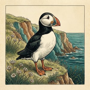 Getekende illustratie van een papegaaiduiker