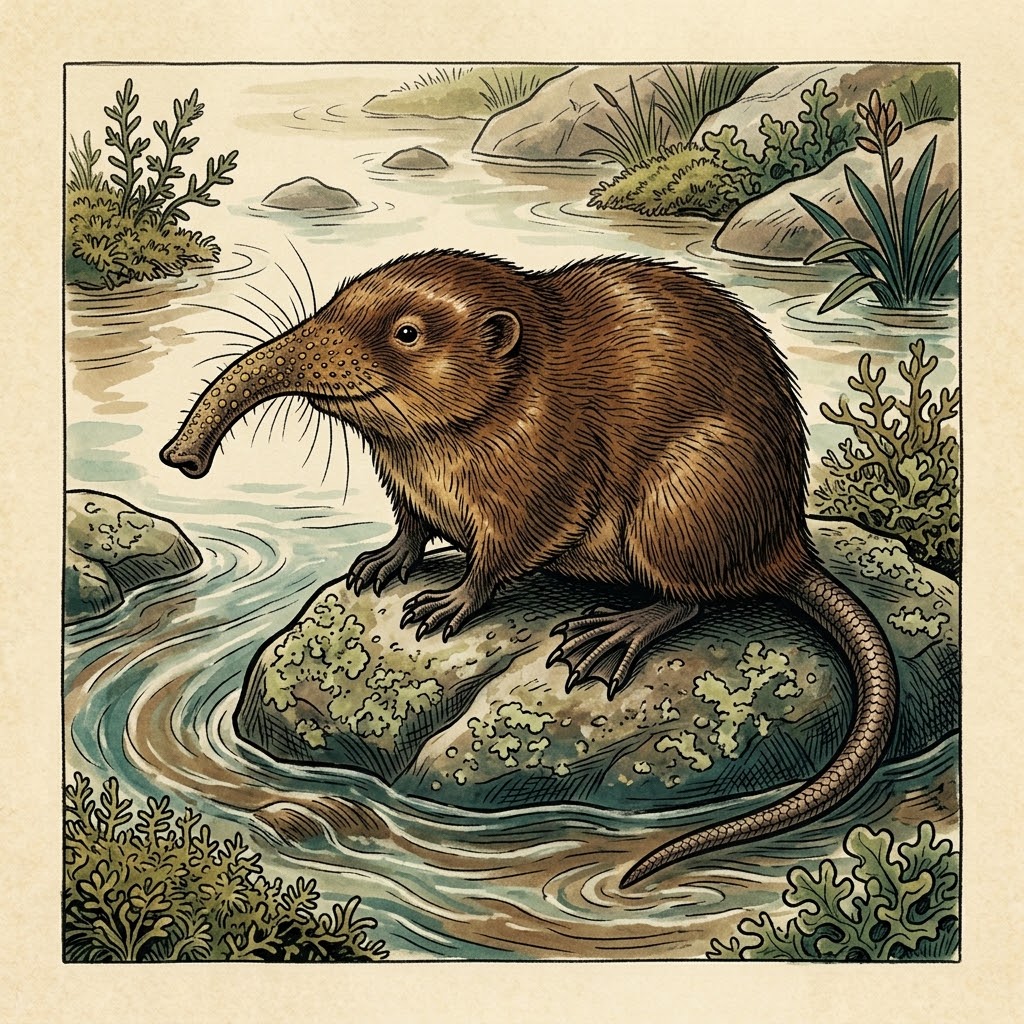 Drawn illustration: Pyrenean desman in a fast mountain stream in the Pyrenees