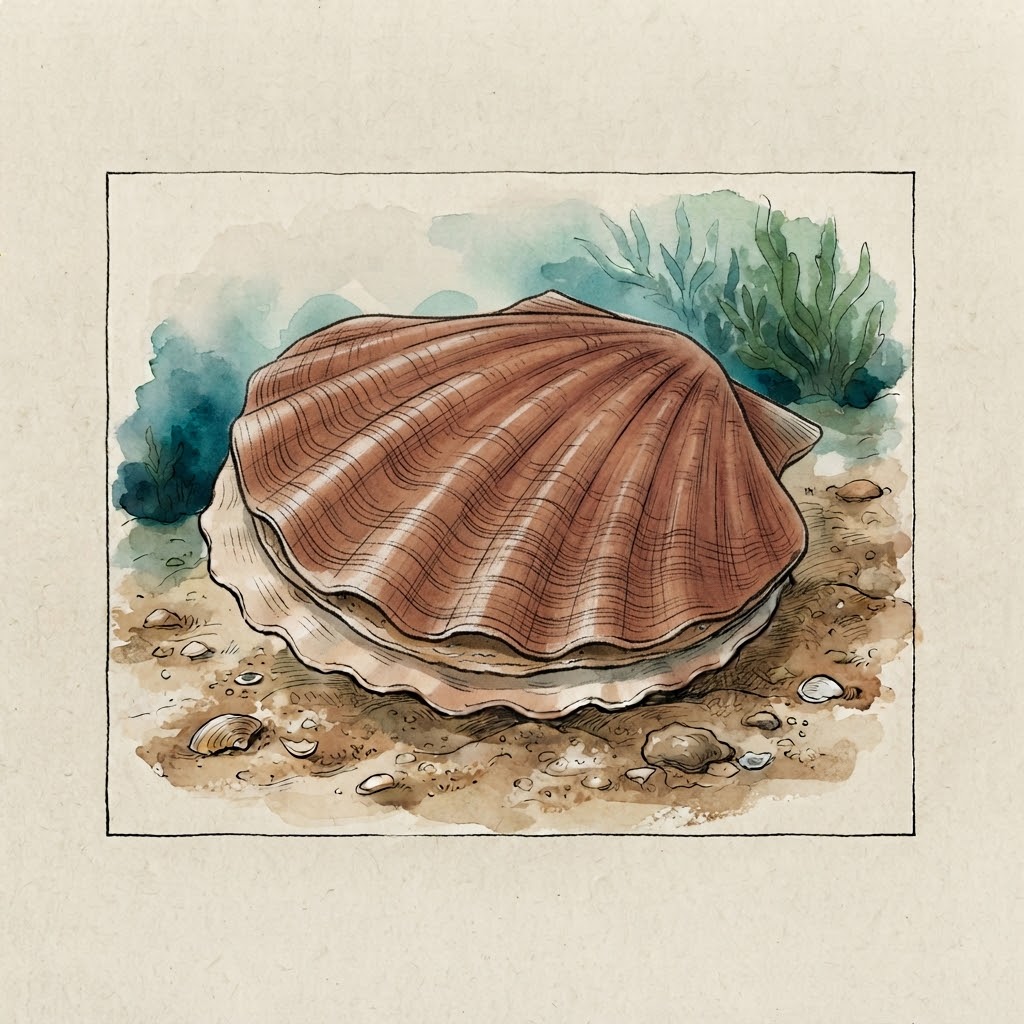 Getekende illustratie van een Sint-Jakobsschelp met geribbelde, waaiervormige schelp op de zandbodem