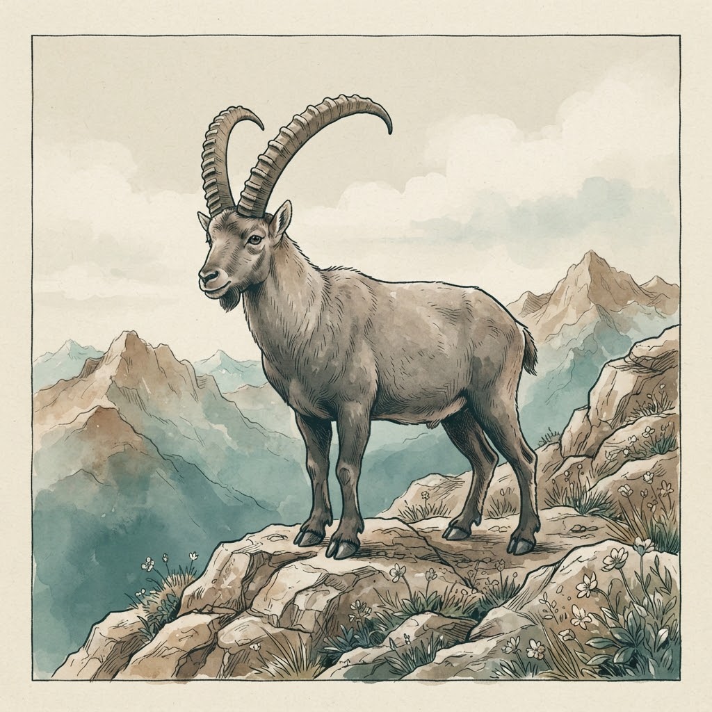 Getekende illustratie van een steenbok met grote, geribbelde hoorns op een rotsrichel in de Alpen