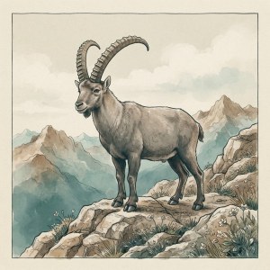 Drawn illustration of an alpine ibex