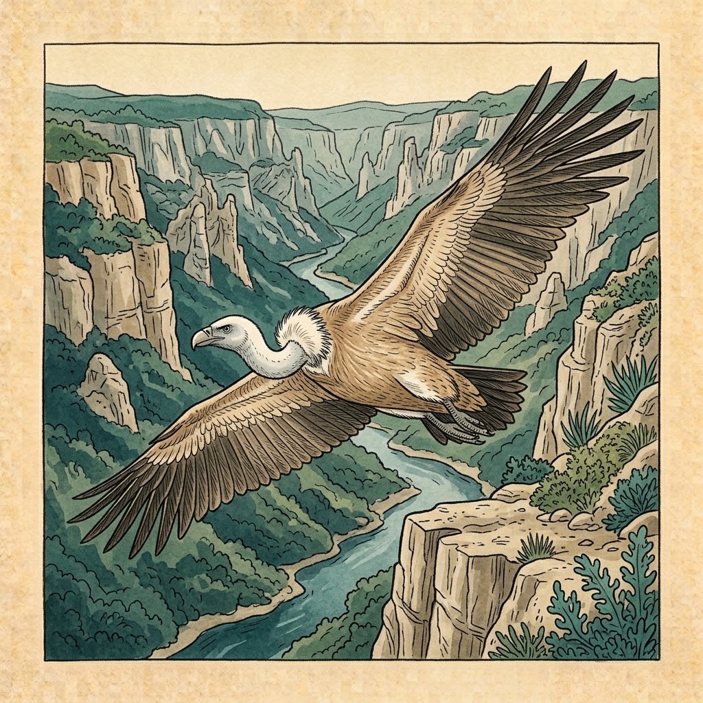 Getekende illustratie: vale gier op een kalkrots in de Gorges du Tarn