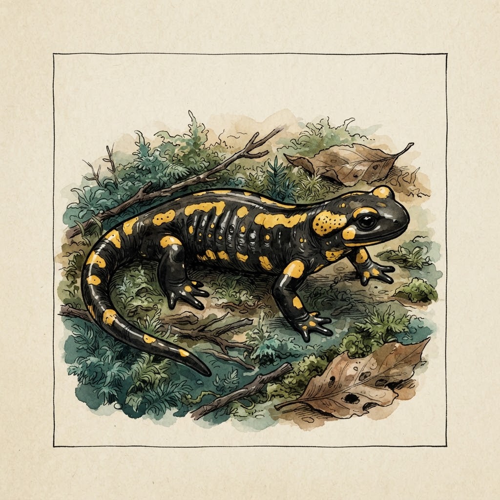 Getekende illustratie van een zwart-gele vuursalamander op mos in een vochtig bos