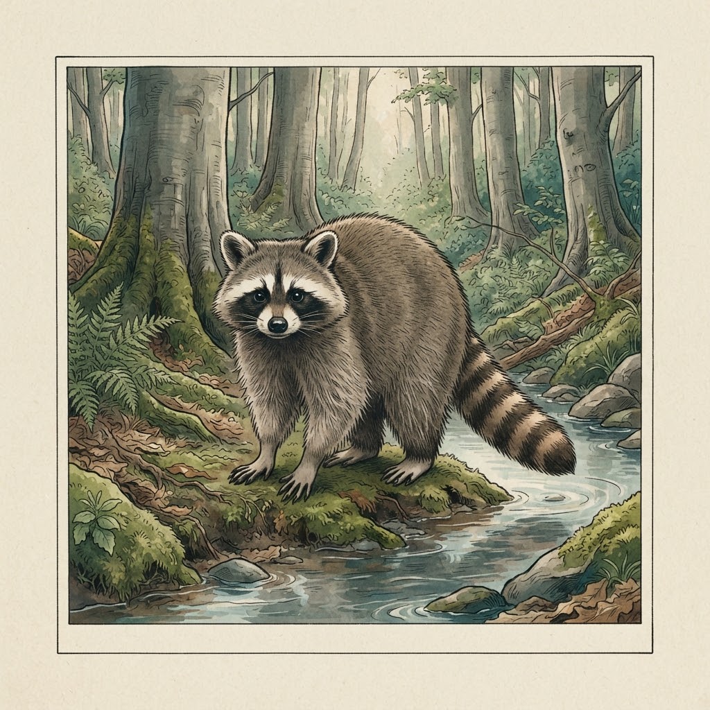 Illustration of a raccoon with a black mask and ringed tail at the edge of a forest