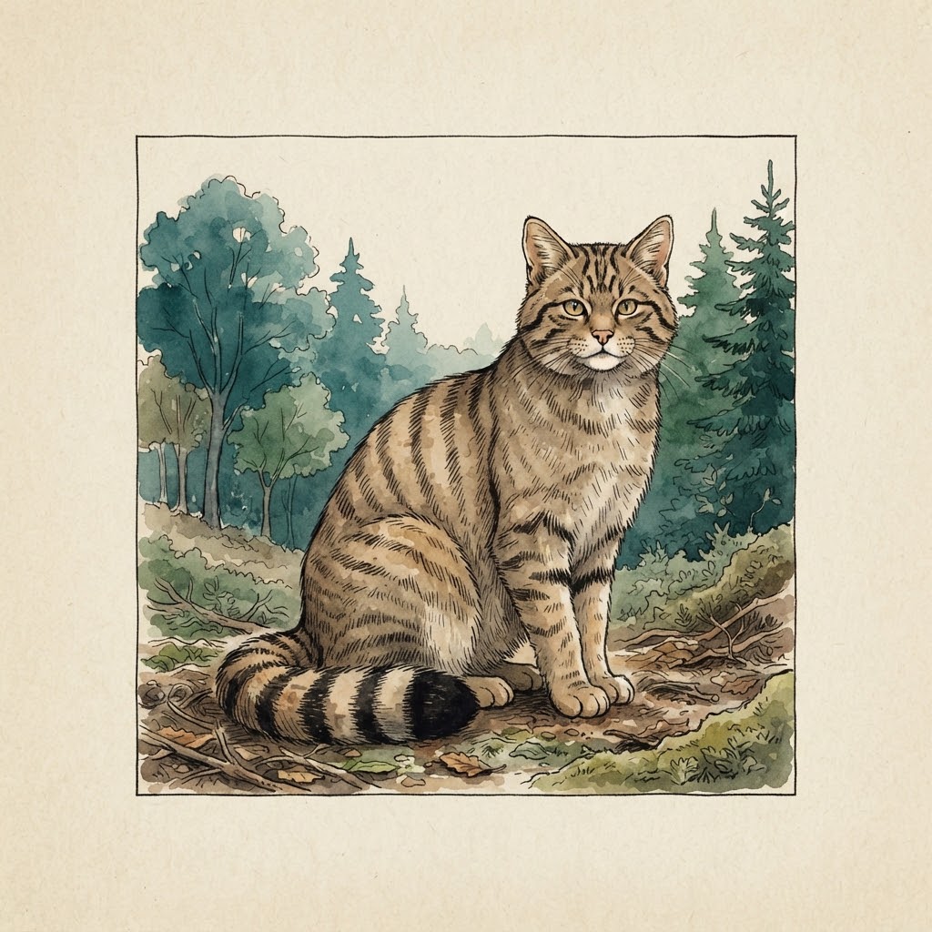 Getekende illustratie van een wilde kat met dikke, geringde staart in het bos