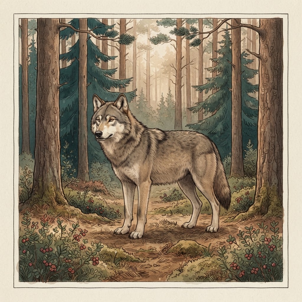 Getekende illustratie van een grijze wolf op een open plek in het bos