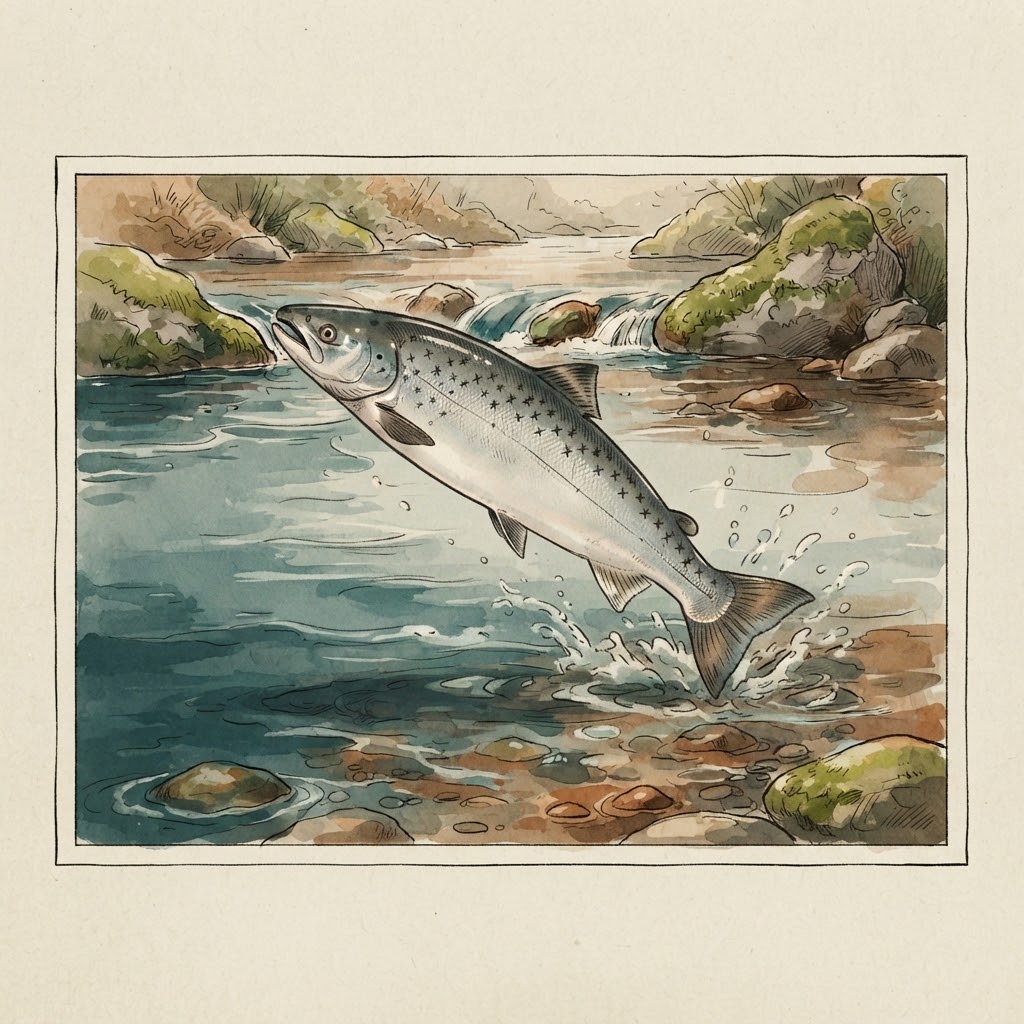 Illustration of a silvery Atlantic salmon in a clear river with rapids