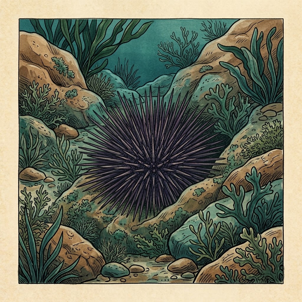 Drawn illustration: purple sea urchin on a rocky Mediterranean seabed