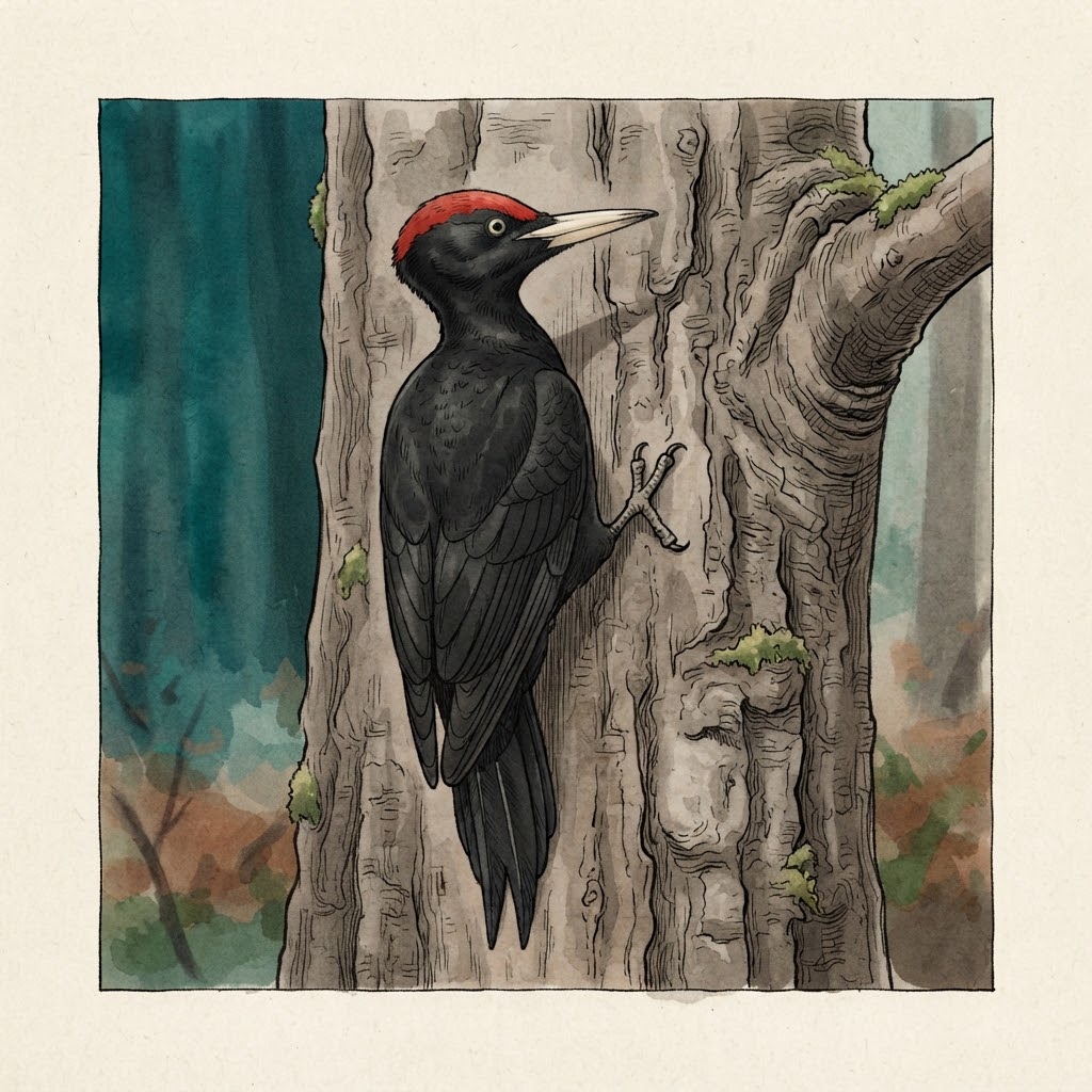 Illustration of a black woodpecker with a red crown on the trunk of an old beech